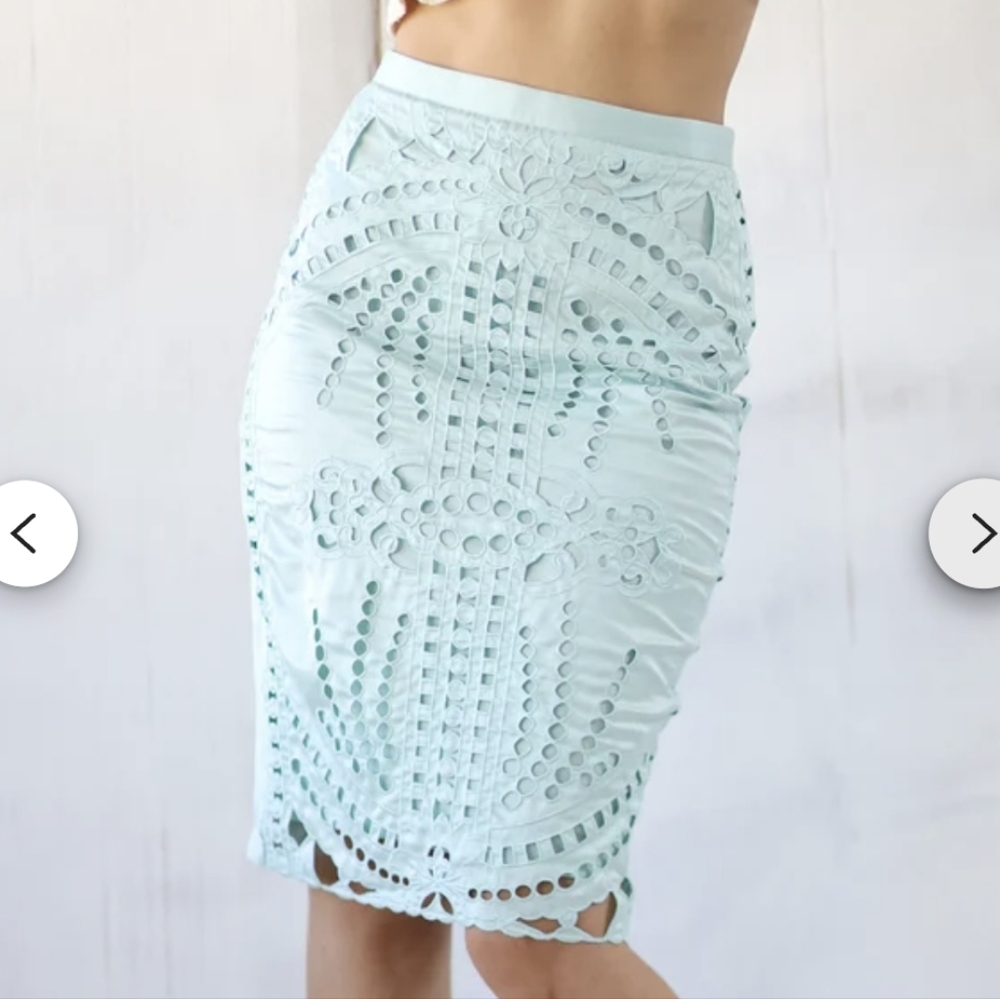 H&M satin Pencil Skirt 4 Pastel Blue Embroidered Cutout Mini XS
